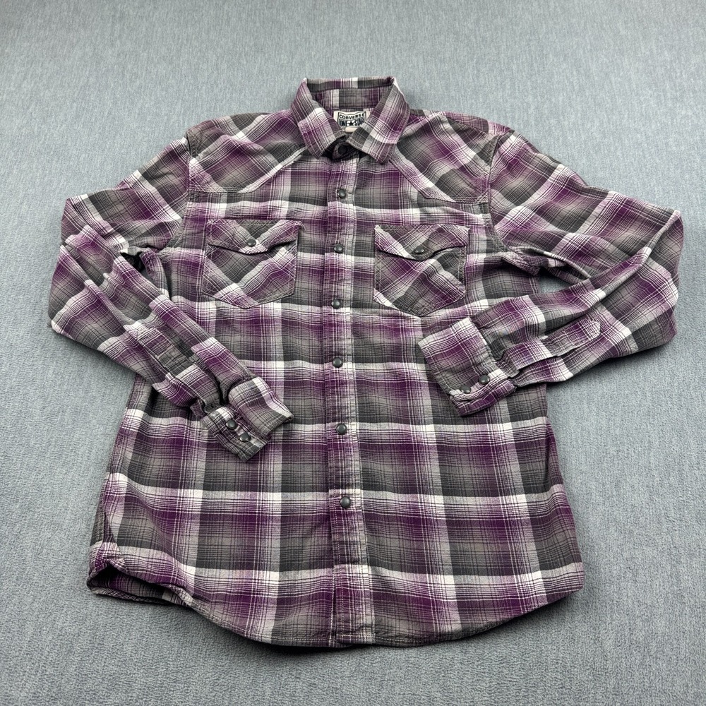 Converse One Star Shirt Mens Small Purple Gray Flannel Plaid Pearl Snap Western